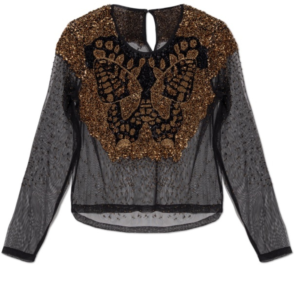 AllSaints Greta Beaded Sheer Top Black Gold Embellished Long Sleeve Size 8 NWT